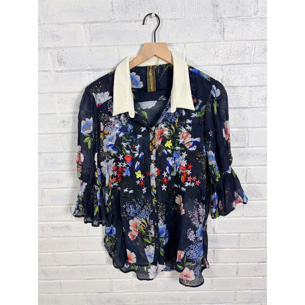 Aratta Silent Journey Floral Button Down Women L Velvet Collar Ruffle Cuff Sheer
